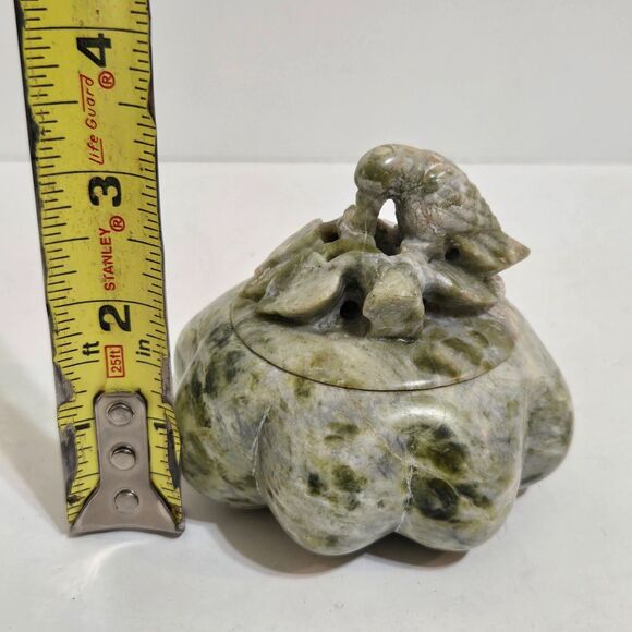 Vintage hand Carved Green Soapstone Bird On leaves Trinket Box 3" tall Stone - Picture 7 of 8